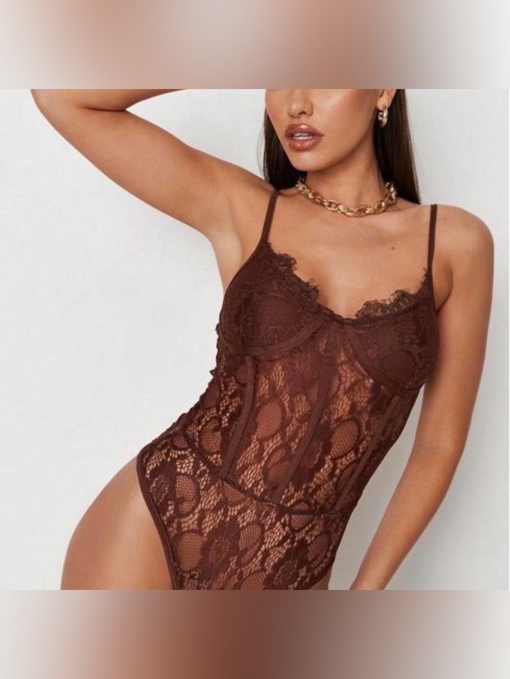 NWT Missguided Women’s Chocolate Brown Floral Lace Sheer Thong Bodysuit Size 8
